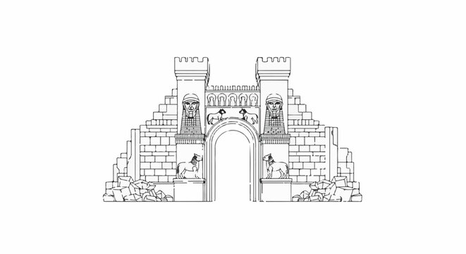 Ancient stone gate with carved faces and animal figures, architectural drawing