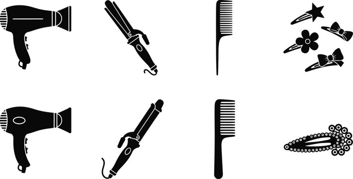 Hair styling tools icon set vector illustration of hairdryers straighteners combs accessories for beauty