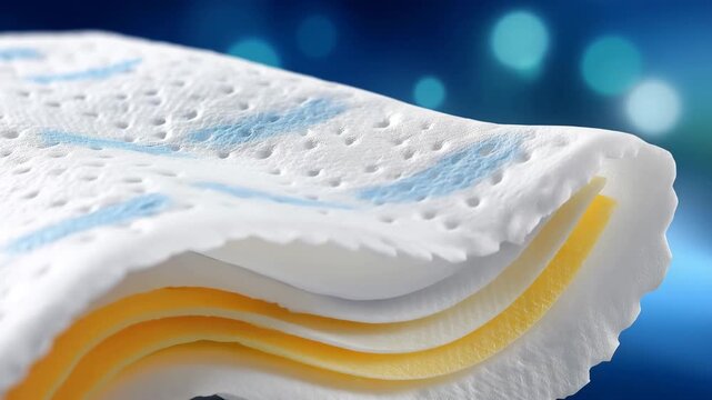 Cross-section inspired close-up of a disposable diaper illustrating multiple absorbent layers, moisture-locking core subtly emphasized, clean and clinical presentation with bright