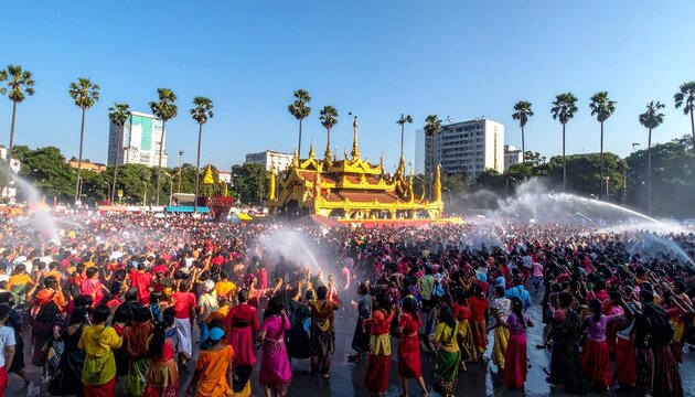 ​Crowded Thingyan Water Festival celebration with people dancing in front of traditional Burmese pandal in Yangon, Myanmar