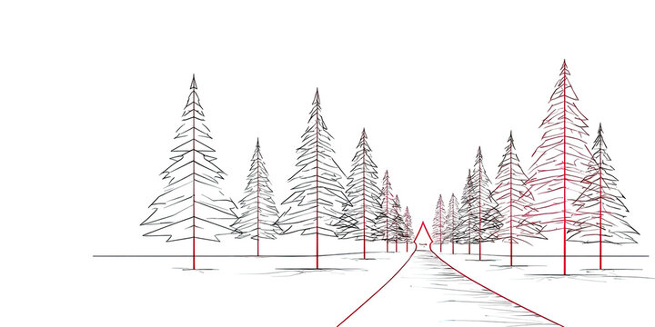 A computer-generated scene of a snowy path winding through a forest of stylized evergreen trees