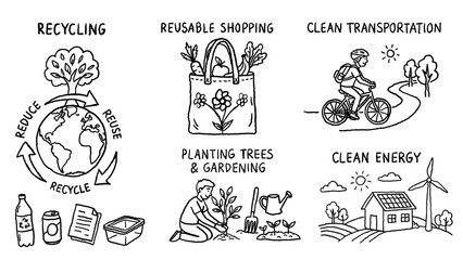 Hand drawn eco friendly lifestyle and Earth Day concepts illustration featuring recycling sustainable energy and green transportation