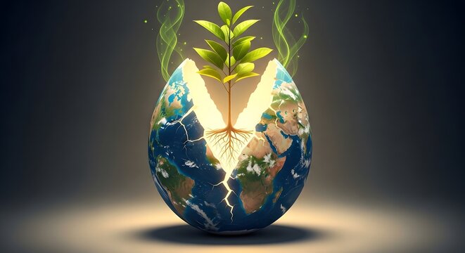 A symbolic illustration of the Earth emerging from a cracked eggshell with a green plant growing out, representing new life and environmental renewal.