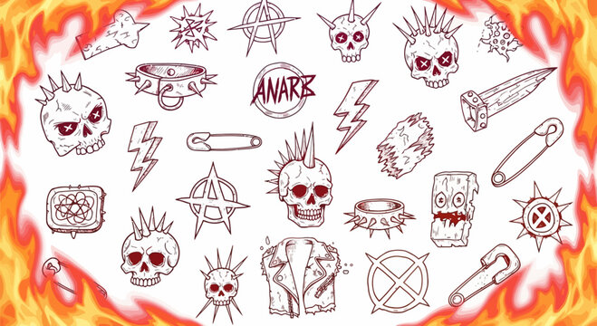 Punk rock doodle icons set, hand drawn anarchy symbols and mohawk skulls, edgy underground subculture vector elements with fire border