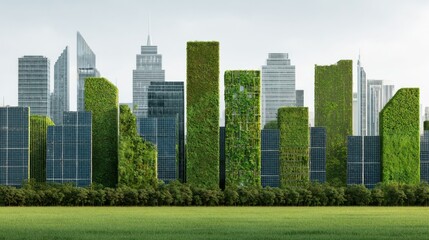 Obraz premium Urban Landscape with Vertical Gardens and Solar Panels Surrounded by Lush Greenery and Modern Skyscrapers in the City
