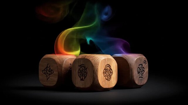 Three wooden cubes with carved symbols emit vibrant, rainbow-colored smoke against a dark background