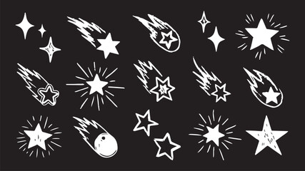 Fototapeta premium Whimsical sparkle stars doodle set. Shiny and glitter line elements in hand drawn crayon sketch style. Scribble outline vector