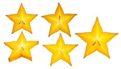 Obraz premium Five starfruit slices, showcasing their yellow color and unique star shape, are isolated on a white background