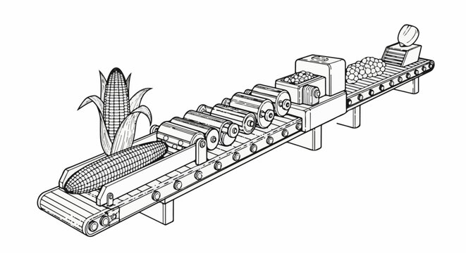 Automated conveyor system processing corn on the cob and other grains