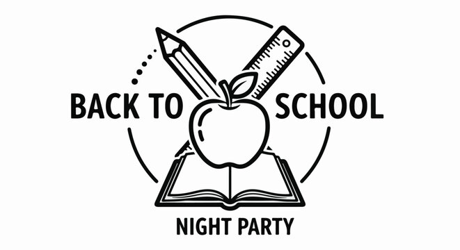 Black and white graphic of back to school night party elements