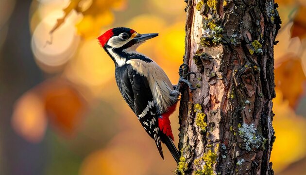 Great spotted woodpecker clinging to a tree trunk in autumn.