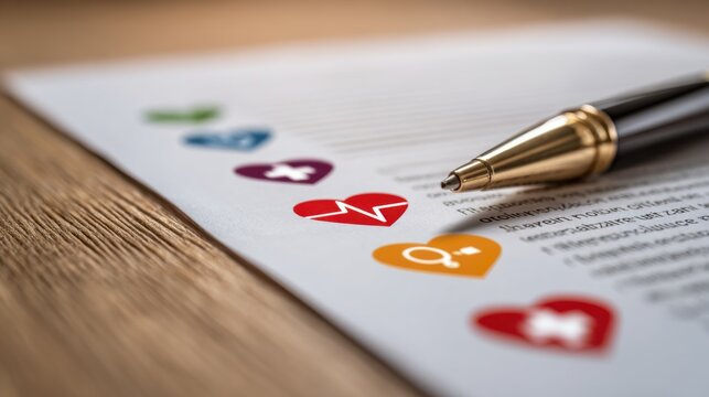 Document with health symbols and a pen, representing medical care, wellness, and healthcare decisions for individuals