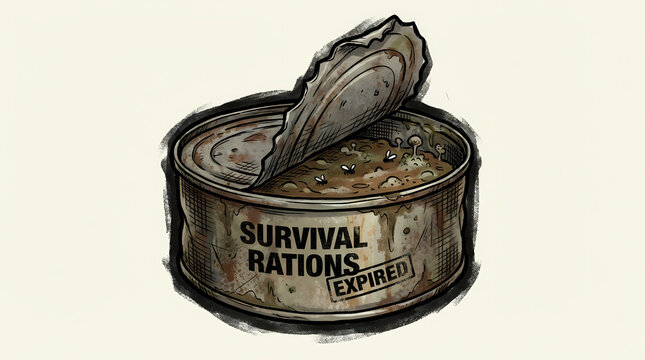 Expired survival rations tin can food.
