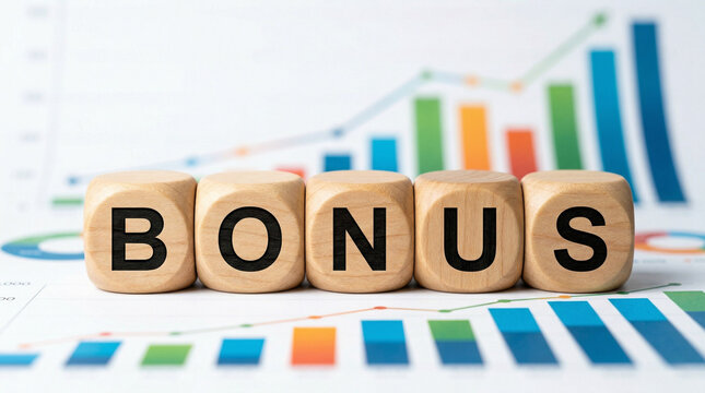 bonus wooden letter blocks on financial chart with upward graphs representing profit growth and business success concept