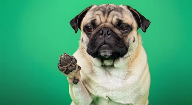 cute pug raising paw with tongue out on green screen backdrop