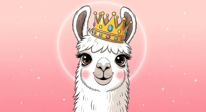 A cartoon llama wearing a crown on a pink background with white dots