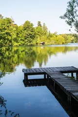 Fototapeten Pier Wooden pier overlooking the calm water of Wesslinger See lake in Bavaria, Germany  © Stephan