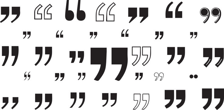 Quotation marks icon set, double quote symbol vector illustration, black quote icons in line and flat style, discussion and dialog remark signs, open and close quote symbols, vector