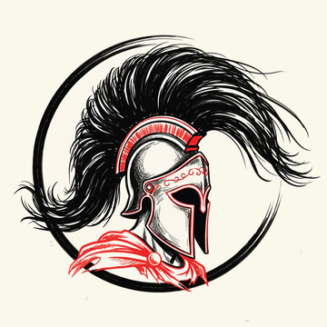 Spartan Warrior Helmet Illustration with Long Black Plume and Red Accents, Ancient Greek Gladiator Mascot Logo Design in Sketchy Style