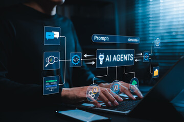 AI Agents and Prompt Automation Concept. Person using laptop with virtual prompt, workflow, coding,...