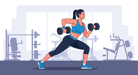 Fototapeta premium Flat Illustration Woman Doing Dumbbell Rows Exercise in Gym Interior