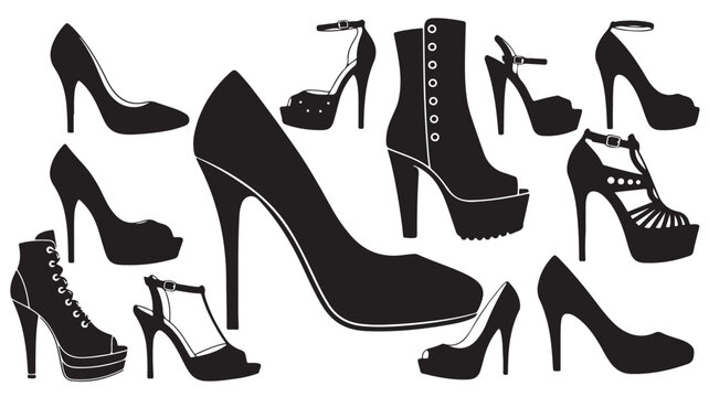 Fashionable high heels silhouette collection, set of 11 elegant women shoes vector icons, stylish black stiletto and platform footwear illustrations