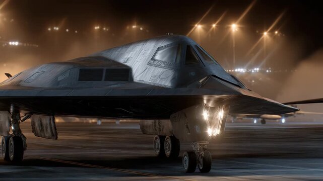 Macro detail of stealth coating along the fuselage, radar-absorbing panel edges and maintenance access ports visible, faint reflection of runway lights across matte surface, backgr