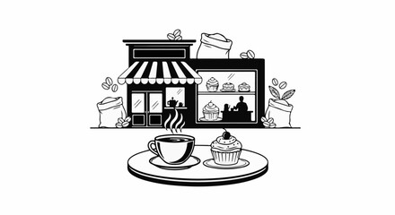 Naklejka premium Black and white illustration of a cafe scene with coffee, pastries, and bags of beans