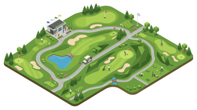 Isometric golf course landscape illustration green sport field with lakes and fairways vector style