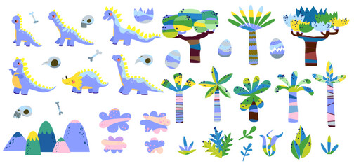 Fototapeta premium Blue Dinosaur Illustration Kit with Mountains and Eggs for Baby Shower Decorations and Boys Room Interior Design Hand Drawn Prehistoric Assets