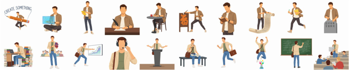 Obraz premium Flat Illustration of Young Man in Different Activities and Postures
