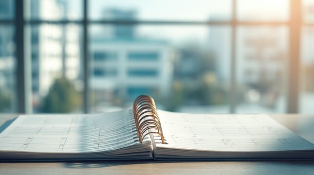 Open notebook with blank pages and spiral binding on wooden desk near large bright windows in a modern office environment