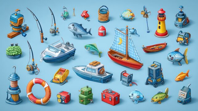 Colorful isometric illustration of fishing and boating equipment.  Various items, including fishing rods, reels, boats, fish, buoys, a sailboat, a life preserver, and a lighthouse, 