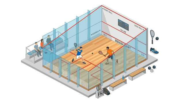 Isometric squash court illustration indoor racket sport game with players glass walls vector style