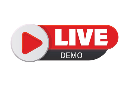 red live demo label with play button icon for product demonstration and software preview streaming