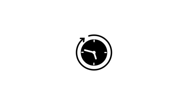 Black clock icon with a circular arrow on a white background Keywords: clock, time, timer, watch, hourglass, deadline, schedule, appointment, punctuality, speed, fast, quick, rapid, efficiency