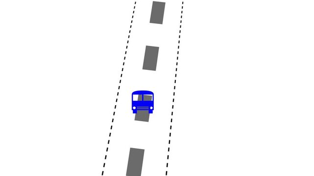 Blue bus driving on a road with dashed white lines and grey rectangular markers vehicle transportation