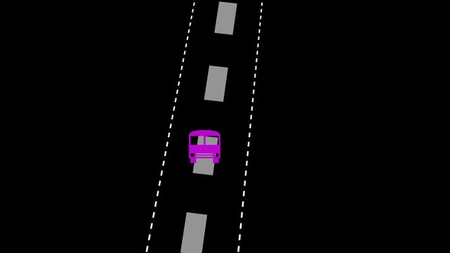 Purple bus driving on a dark road with white dashed lines and grey rectangular markers vehicle transportation