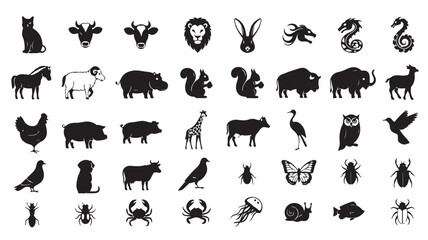 Minimalist animal icons set, black silhouette wildlife and farm animal vector collection, 40 nature symbols for branding and web design © Abdullah