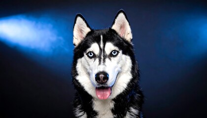 Obraz premium A striking studio portrait of a dog with a distinctive coat. The canine's piercing blue eyes and a slightly open mouth stand out