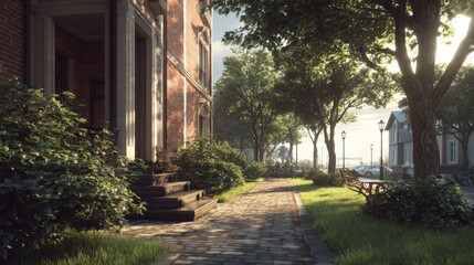 Obraz premium Serene Urban Pathway Flanked by Lush Greenery and Elegant Buildings in Soft Morning Light