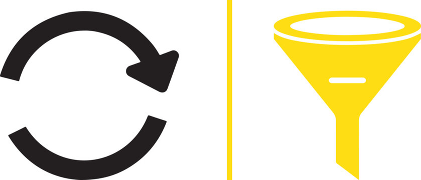 Minimalist vector featuring a black circular refresh arrow and a solid yellow funnel filter icon, separated by a thin yellow vertical line. Clean interface symbols on a white background.