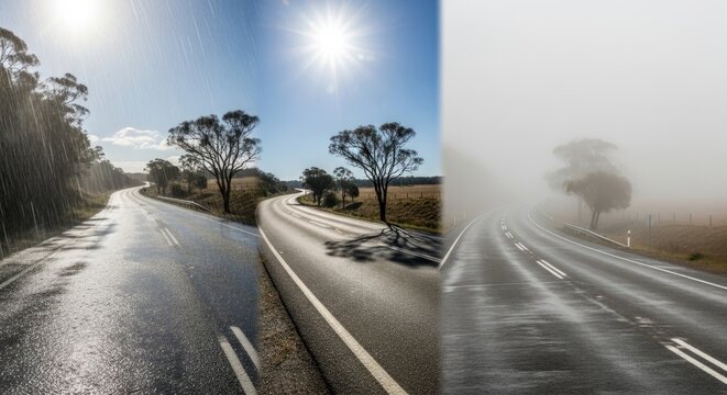 Countryside road during rain sunshine and heavy fog conditions