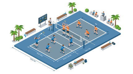 Obraz premium Isometric volleyball court stadium illustration indoor team sport match with players and audience vector style