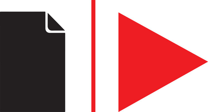 A solid black document icon with a folded top corner placed next to a vibrant red play button triangle, separated by a vertical red line. Minimalist vector for media files and video documentation.