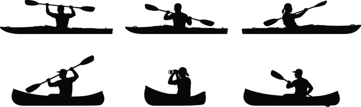 Kayak and canoe silhouette set, paddling people black vector collection, water sport adventure illustration isolated on white background