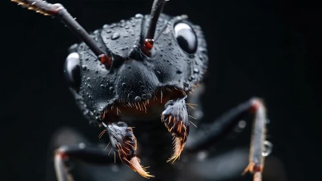 Close look at an ant with water droplets on its head in nature setting during daytime
