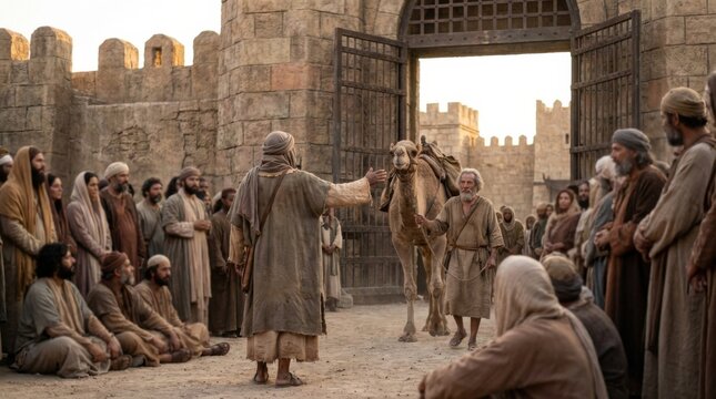 Man with camel outside city gates addressing a crowd. Biblical scene with apostles and a parable concept for Christian sermon.