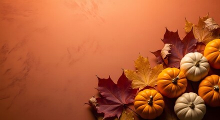 Fototapeta premium Top View Autumn Flat Lay of Orange and White Pumpkins with Maple Leaves on Textured Terracotta Background with Copy Space
