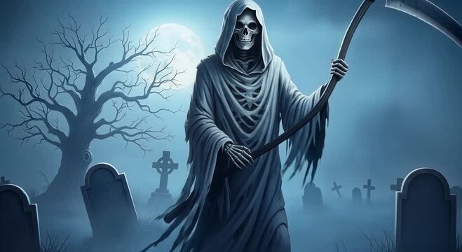 grim reaper in a moonlit graveyard with fog and tombstones